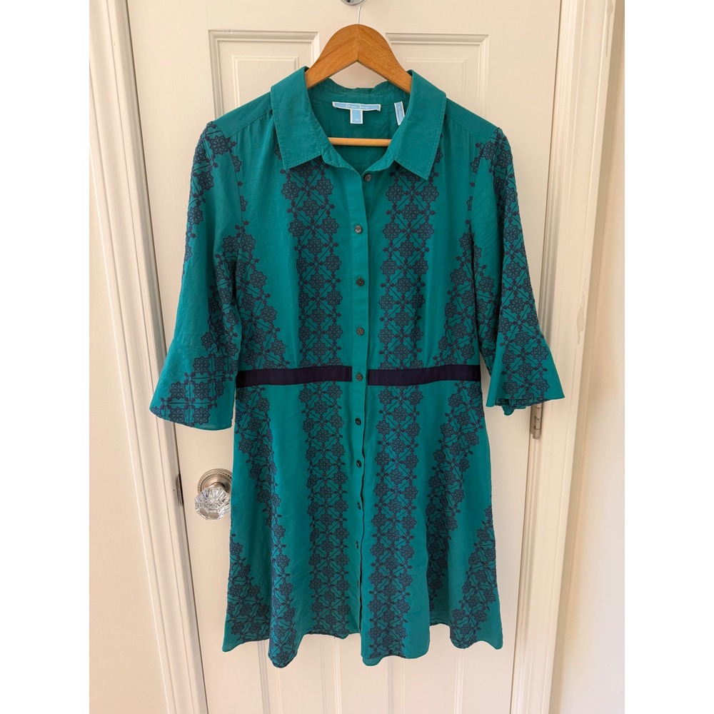 Draper James Green Embroidered Cotton Shirtdress Bell Sleeve DRW0283‎ Size 12